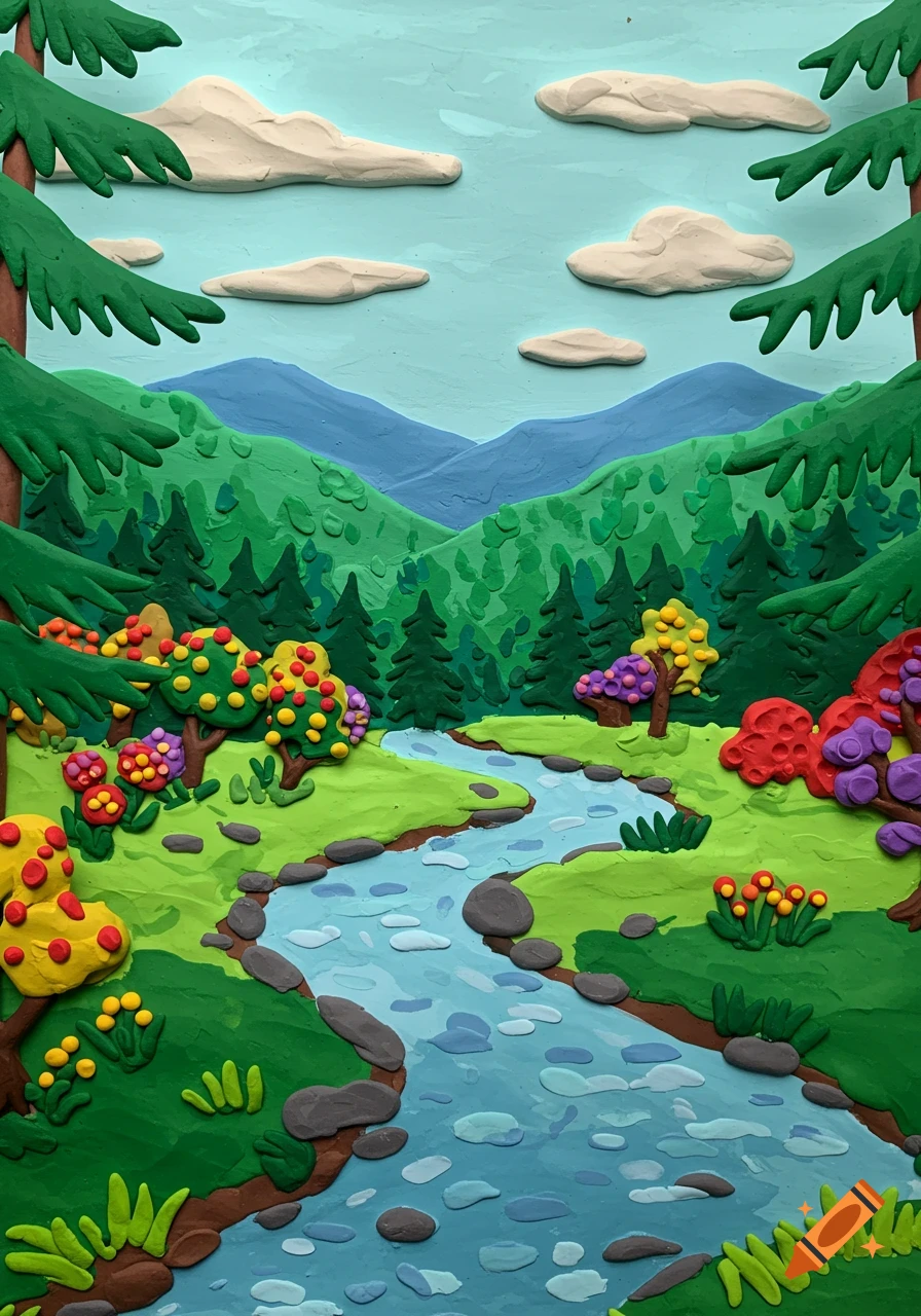 A vibrant claymation landscape featuring rolling green and blue mountains, a winding river, and colorful trees under a light blue sky with white clouds.