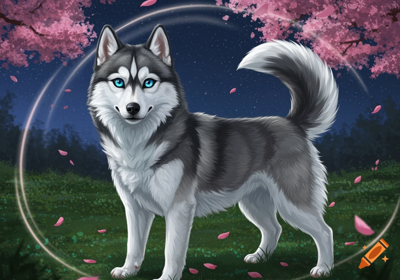 An anime-style husky with blue eyes stands in a field at night with falling pink cherry blossoms and glowing rings.
