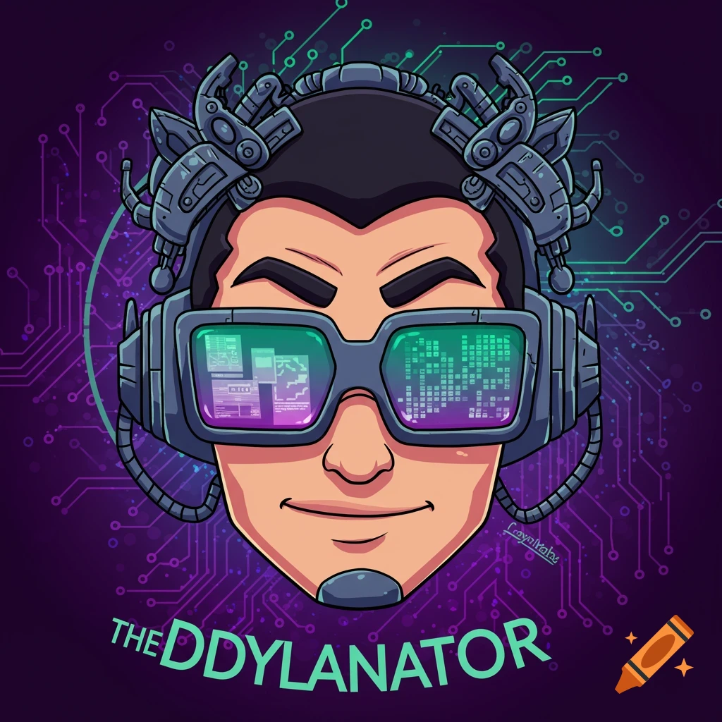 Cartoon headshot of a person wearing futuristic VR goggles and headgear, with circuit patterns in the background and 'THE DDYLANATOR' text.
