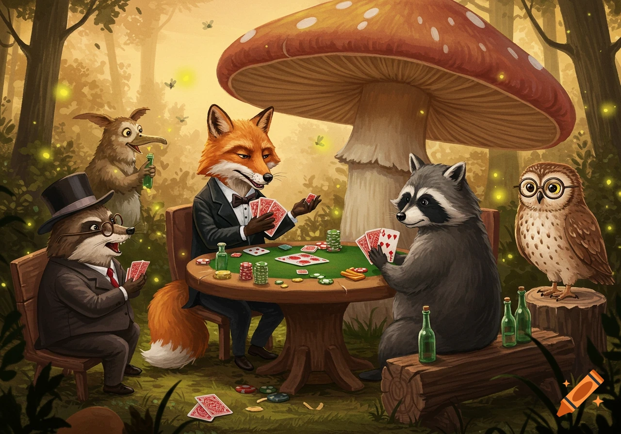 Anthropomorphic fox, raccoon, badger, kiwi, and owl playing poker in a forest under a giant mushroom, with fireflies around.