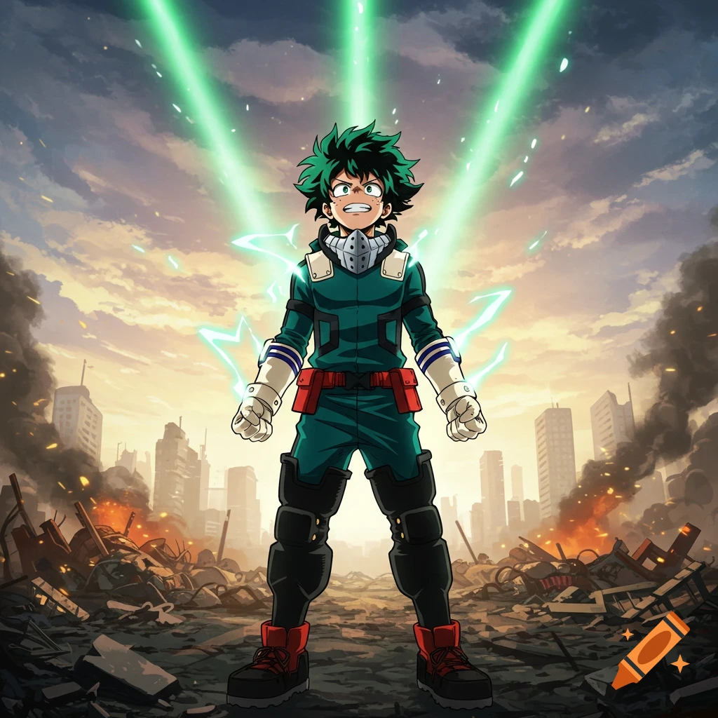 Anime character Izuku Midoriya in his superhero costume, standing heroically with green energy beams in a destroyed city.