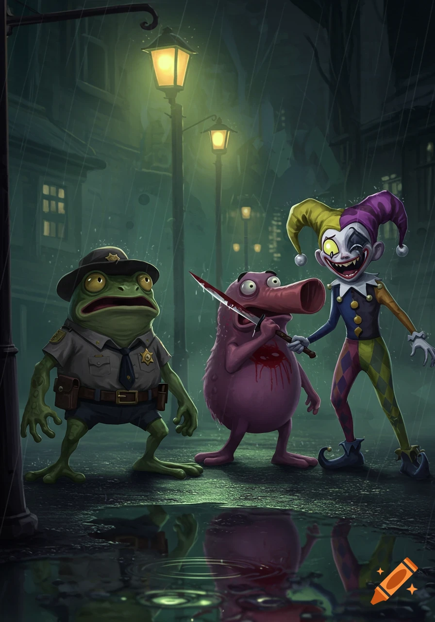 A cartoon frog sheriff, a pink creature with a knife in its chest, and a grinning jester stand on a rainy street at night.
