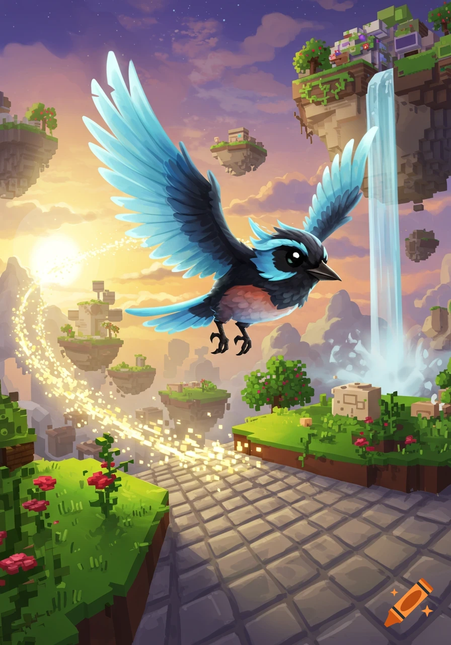 A stylized black and blue bird with bright eyes flies over pixelated floating islands with a waterfall and sunset in a fantasy landscape.