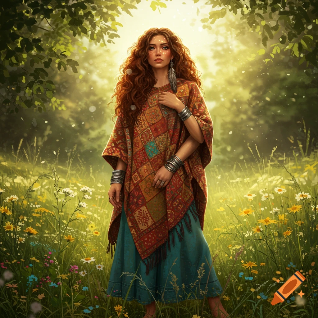 A bohemian woman with long, curly red hair, wearing a patterned poncho and teal skirt, stands in a sunlit field of wildflowers.