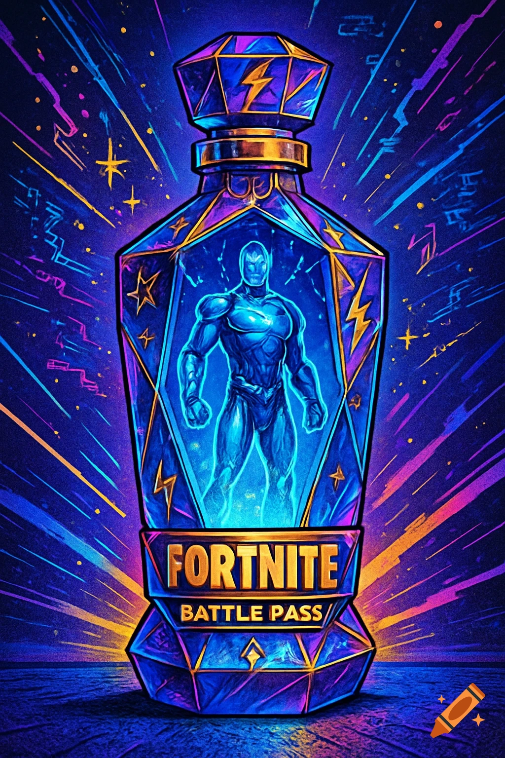 A stylized, glowing blue superhero inside a faceted purple bottle labeled 'FORTNITE BATTLE PASS', surrounded by neon light streaks.