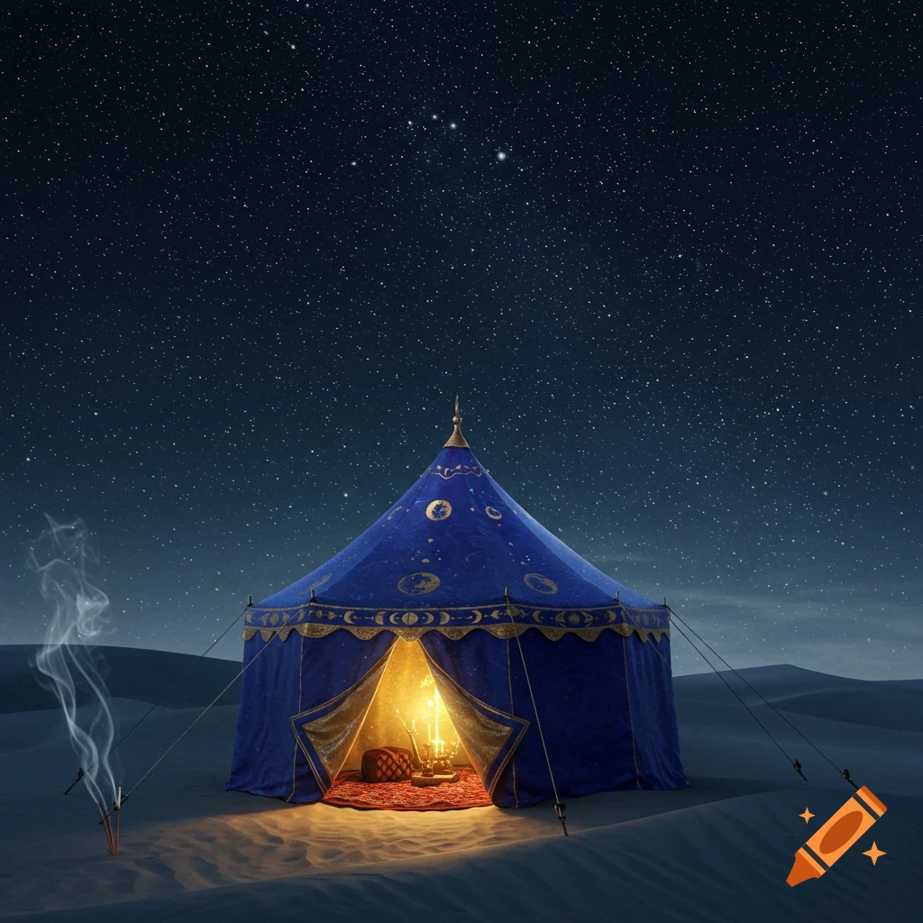 A glowing blue tent with golden celestial symbols stands in a vast desert under a starry night sky. Smoke rises from incense sticks nearby.