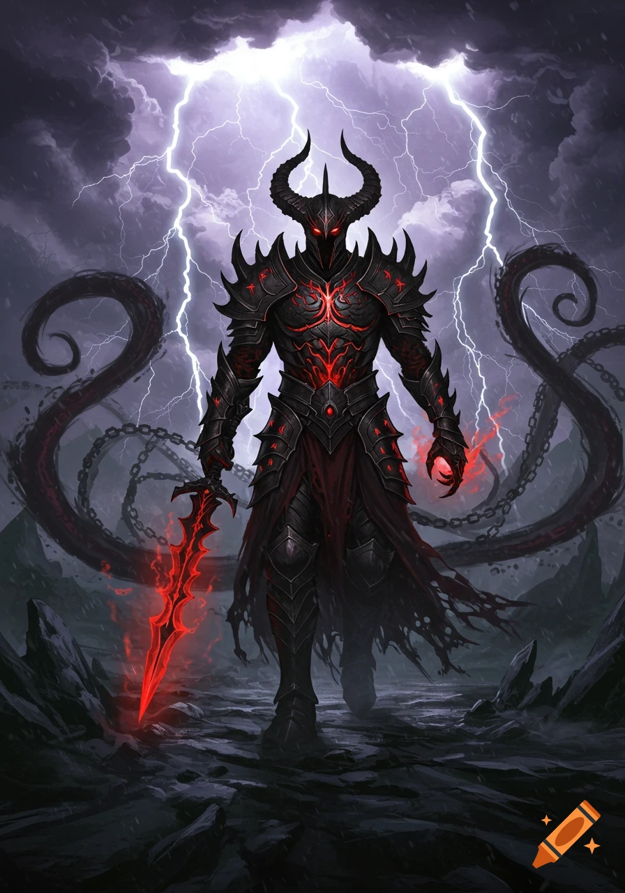 A dark armored figure with horns and glowing red eyes stands on a desolate landscape, holding a glowing red sword, as lightning strikes around them.