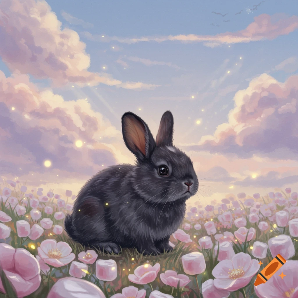 A cute black baby rabbit sits in a field of pink and white flowers under a pastel sky with glowing light.