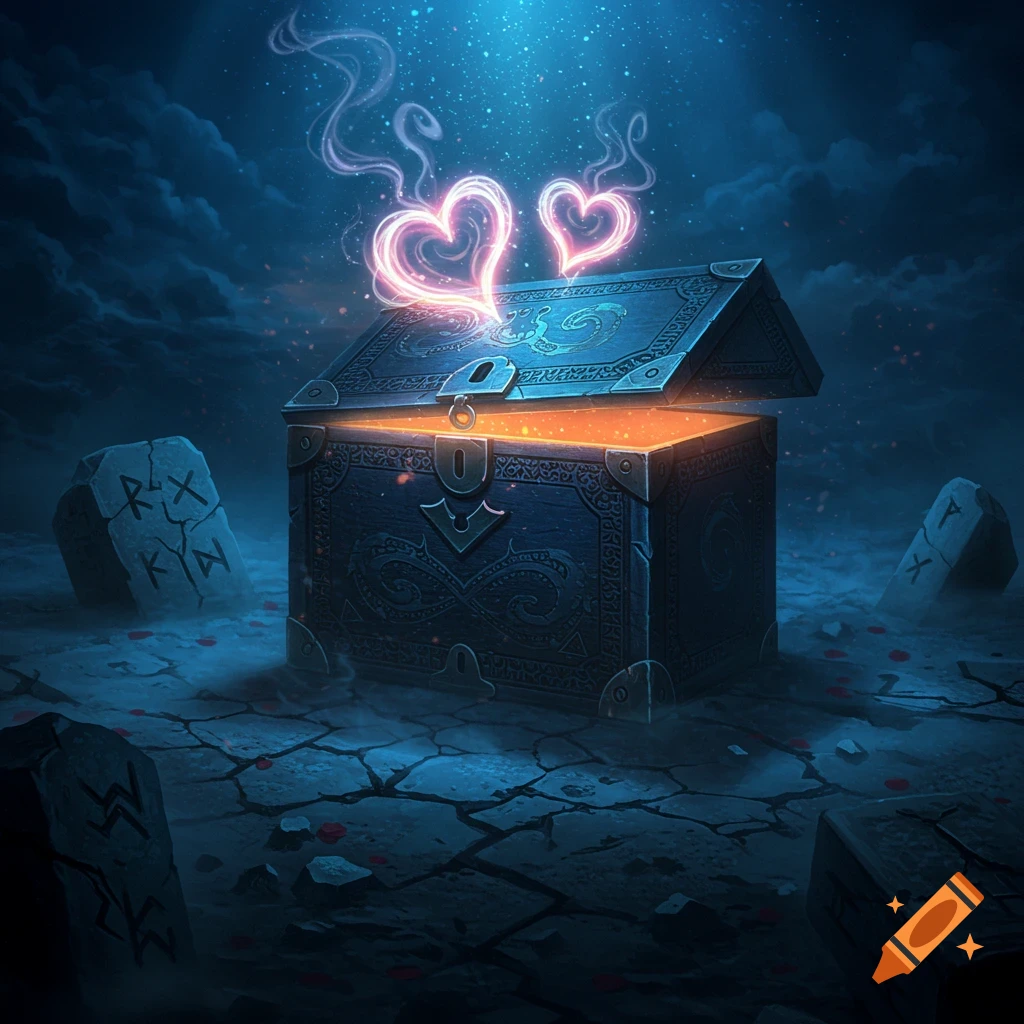 An ornate blue and black chest glows with orange light, releasing two pink heart-shaped wisps into a dark, starry, mystical sky, surrounded by rune-marked stones on cracked earth.