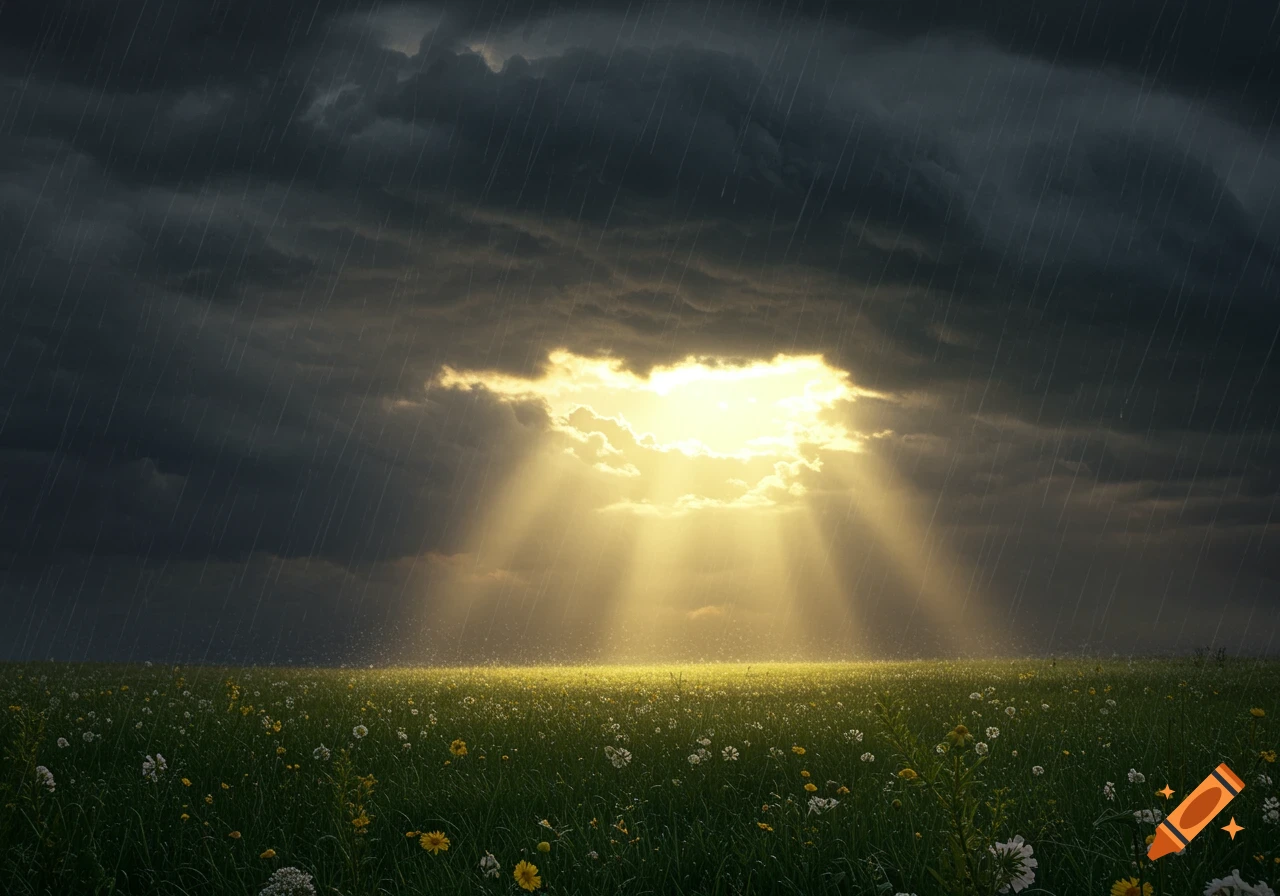 Sunlight breaks through dark, rainy clouds, casting rays onto a green field filled with wildflowers.
