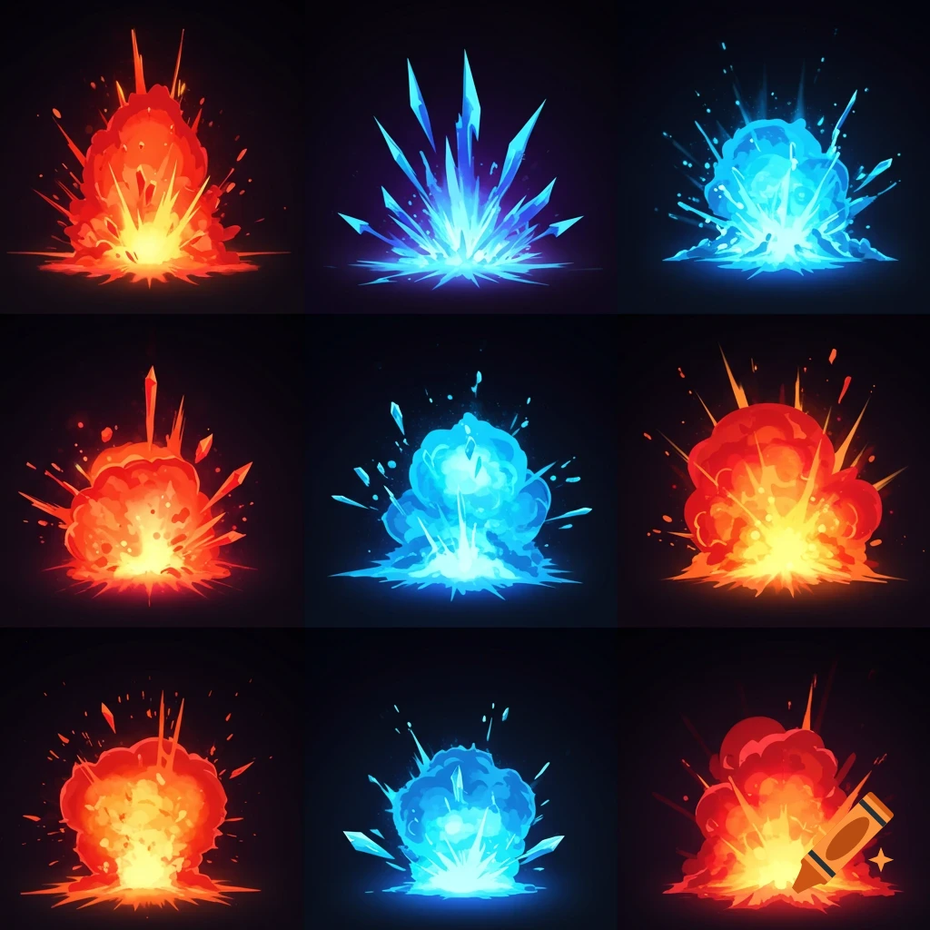 A grid of nine stylized explosion and splash effects, featuring fiery orange and icy blue designs for game use.