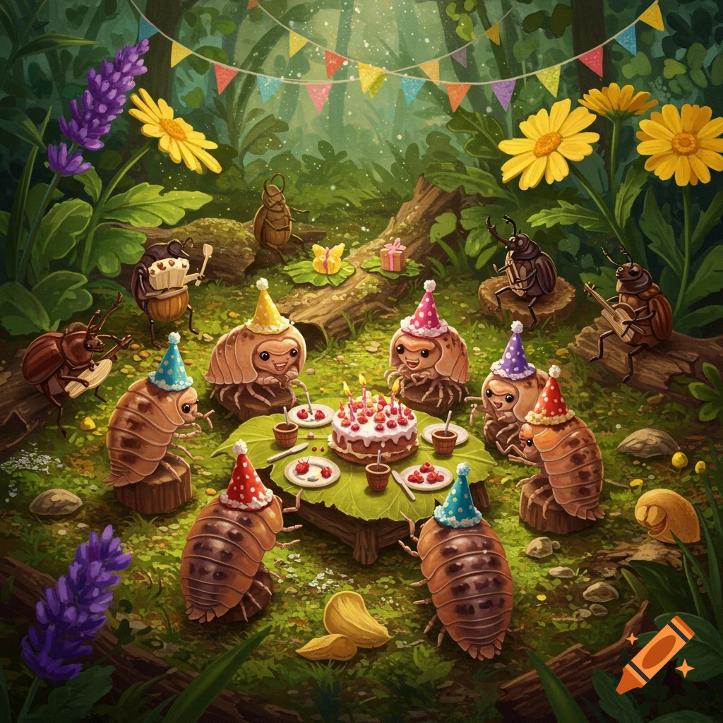 Whimsical illustration of anthropomorphic pill bugs wearing party hats, gathered around a birthday cake in an enchanted forest.
