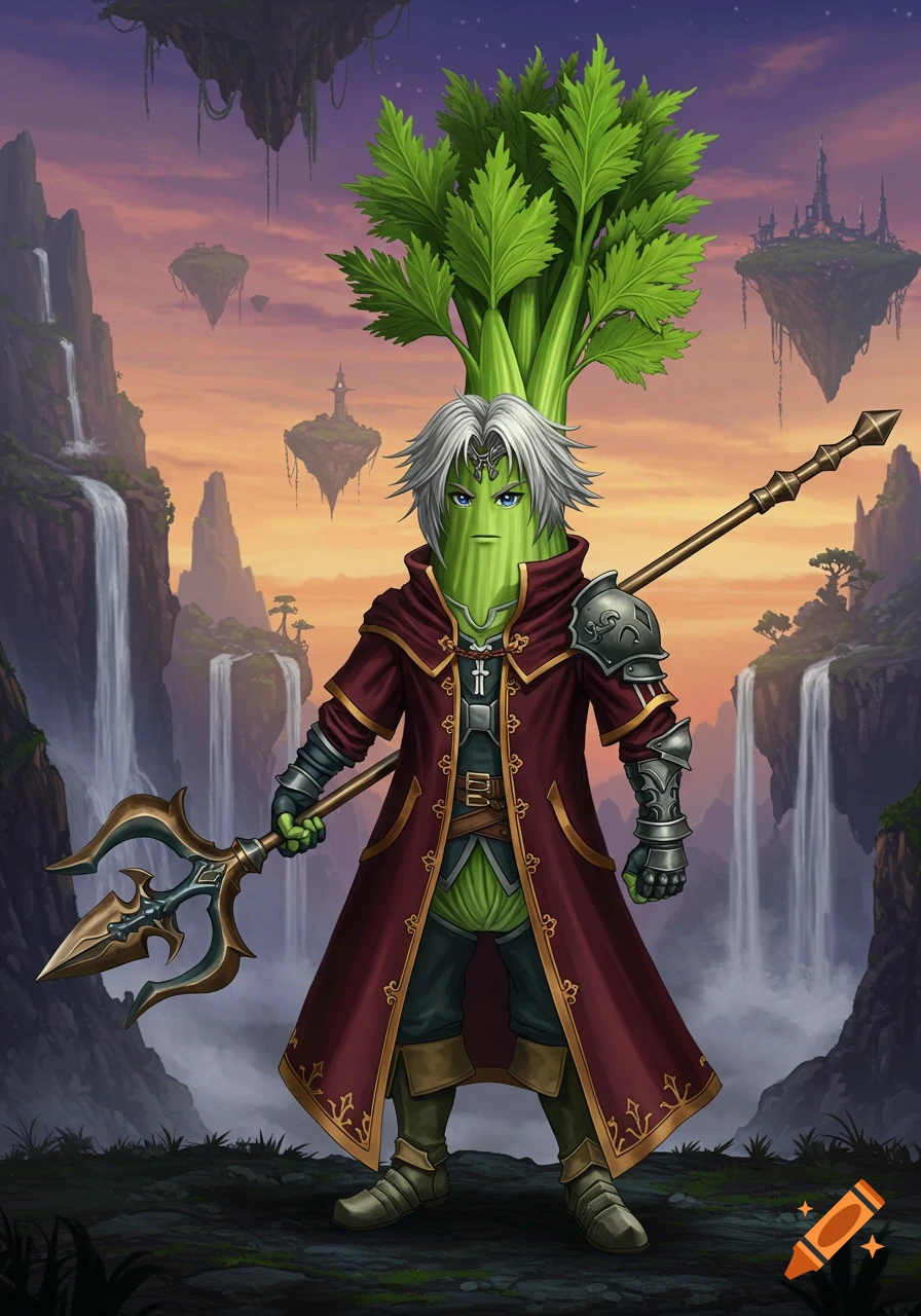 Anthropomorphic celery character dressed as a fantasy warrior, wielding a trident in a mystical landscape with floating islands and waterfalls.