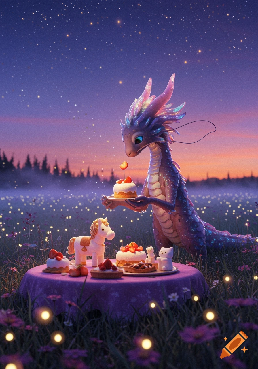 A shimmering dragon holds a small cake over a table with more cakes and miniature animal figures in a magical field at sunset under a starry sky.