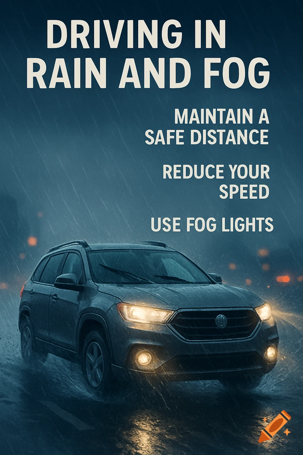 Photorealistic image of a dark grey SUV driving on a wet road in heavy rain and fog, with bright headlights. Overlay text provides driving safety tips.