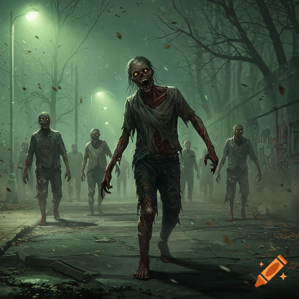 A horde of zombies with glowing eyes walk down a dark, misty street under green streetlights, with bare trees and graffiti walls.