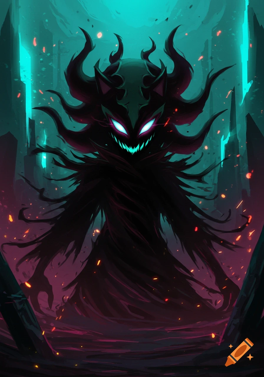 A menacing, dark fantasy creature with glowing eyes and sharp teeth, shrouded in shadow amidst a teal and red glowing abstract background.