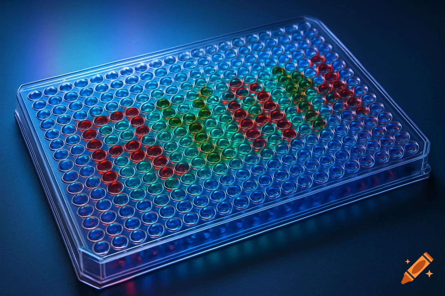 A photorealistic image of a 384-well microplate with wells filled to spell RYAN in red, green, and yellow against blue.