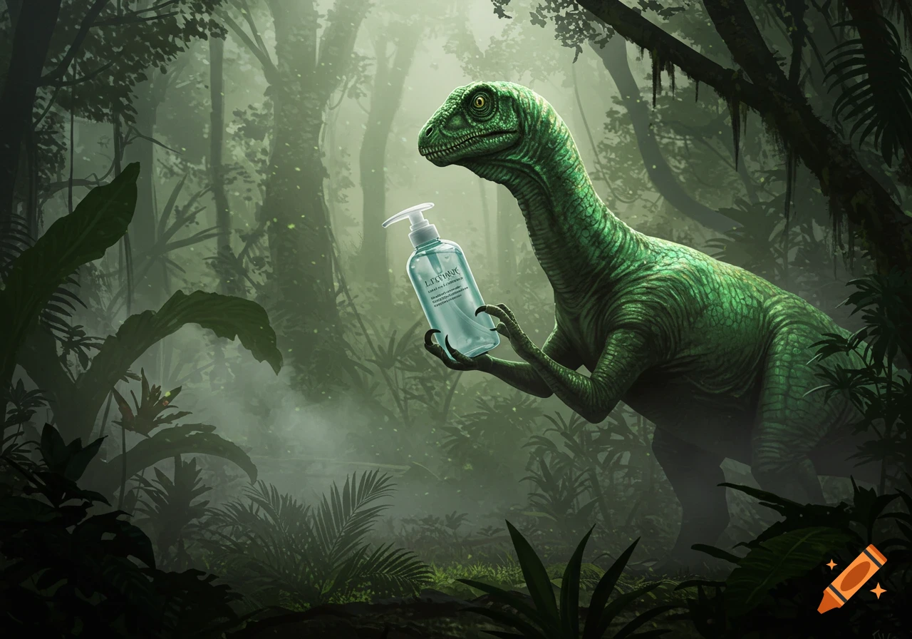 A green dinosaur in a misty jungle holds up a clear bottle of lotion with a white pump top.