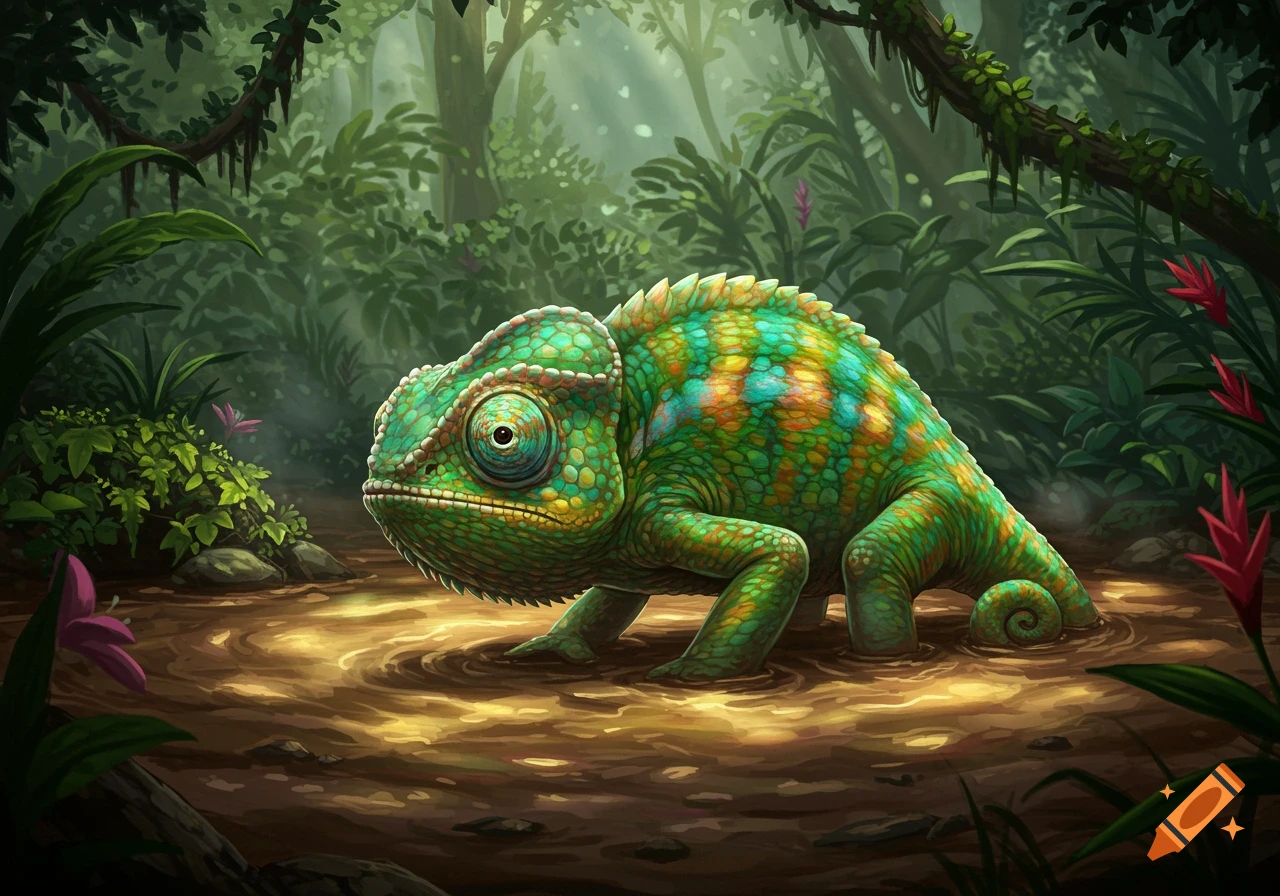 A vibrant, illustrative green and orange chameleon with large eyes is stuck in deep brown mud in a lush jungle.