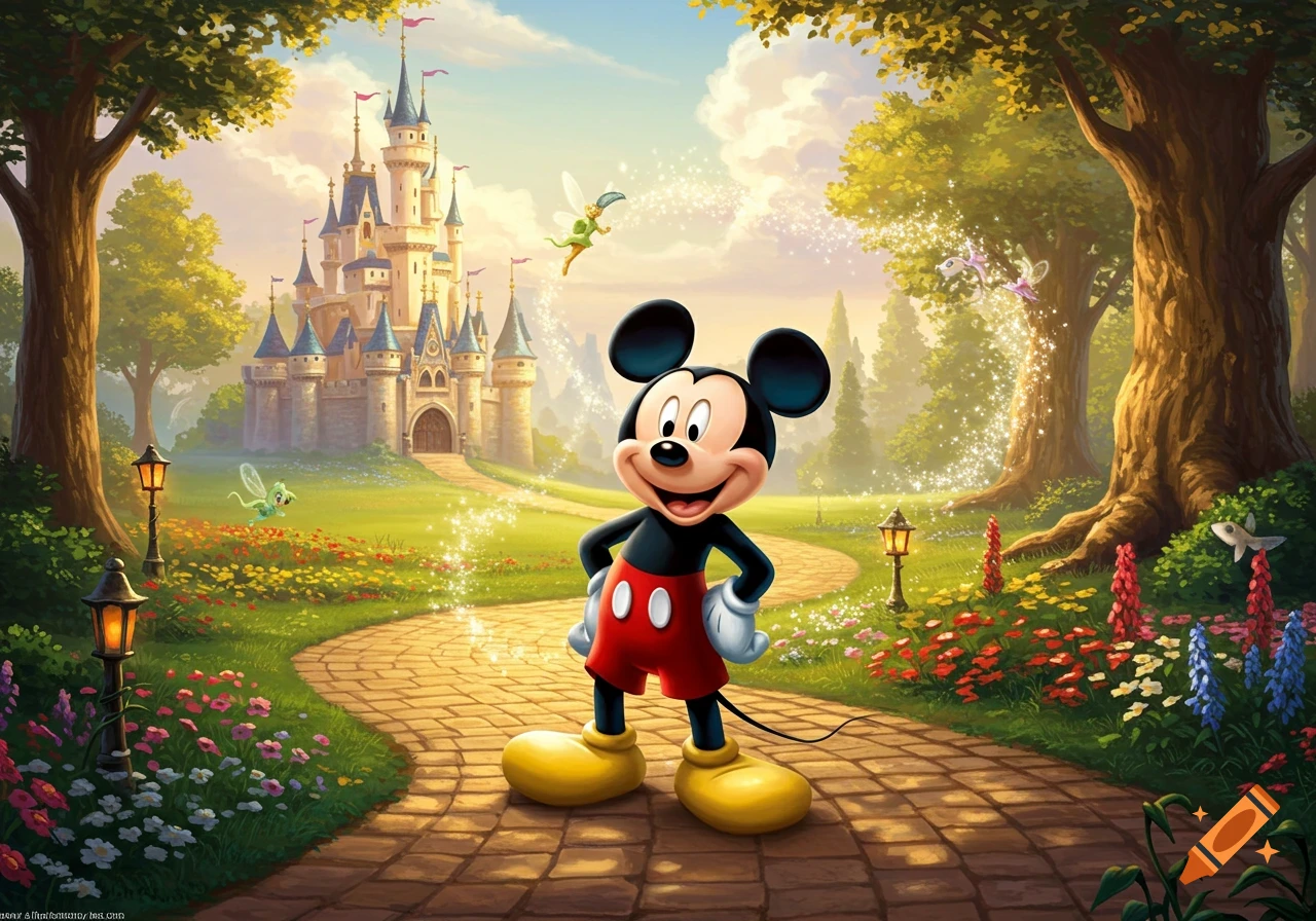 Mickey Mouse stands on a stone path leading to a fairytale castle, surrounded by a magical forest with flowers and sparkling fairies.
