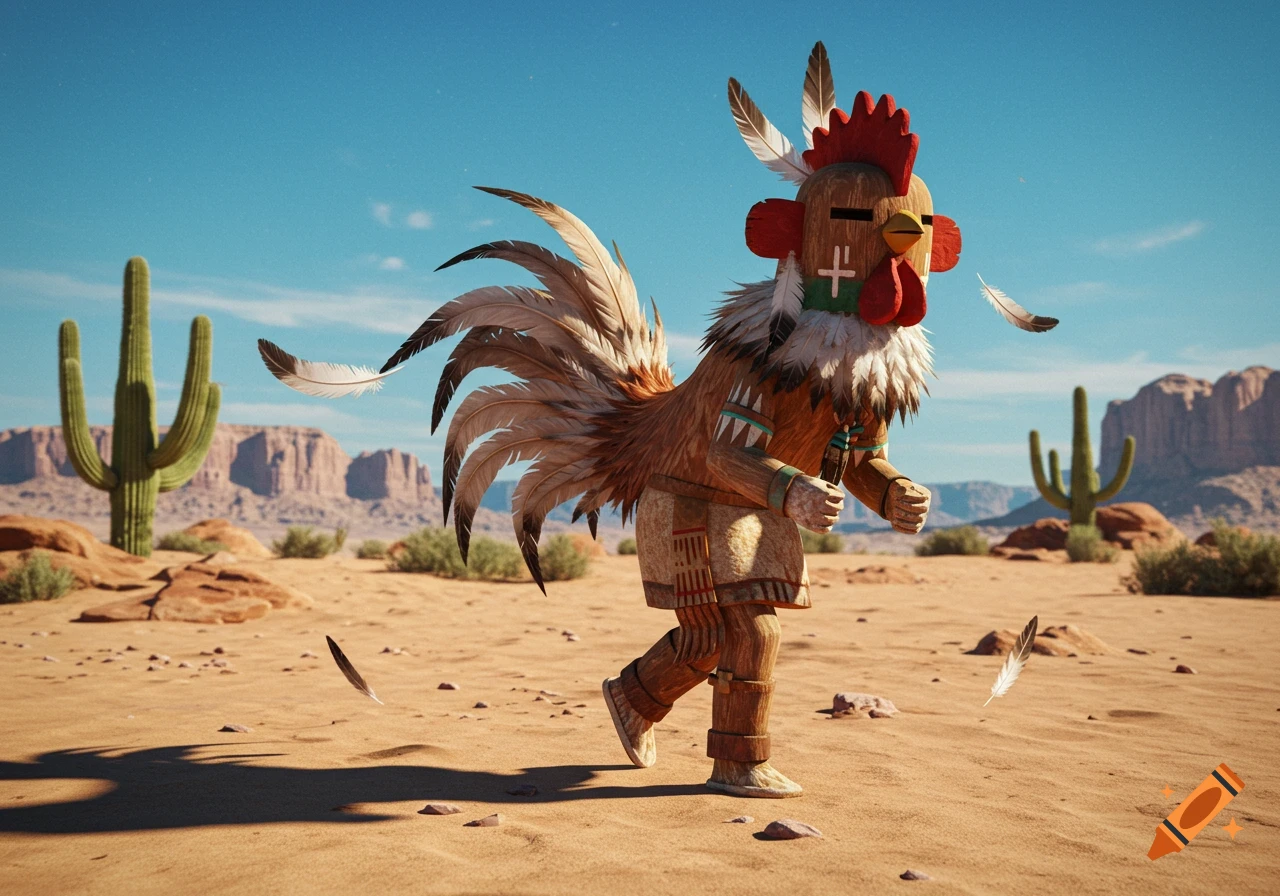 A photorealistic Kachina doll resembling a rooster walks through a desert landscape with saguaro cacti and mountains under a blue sky.