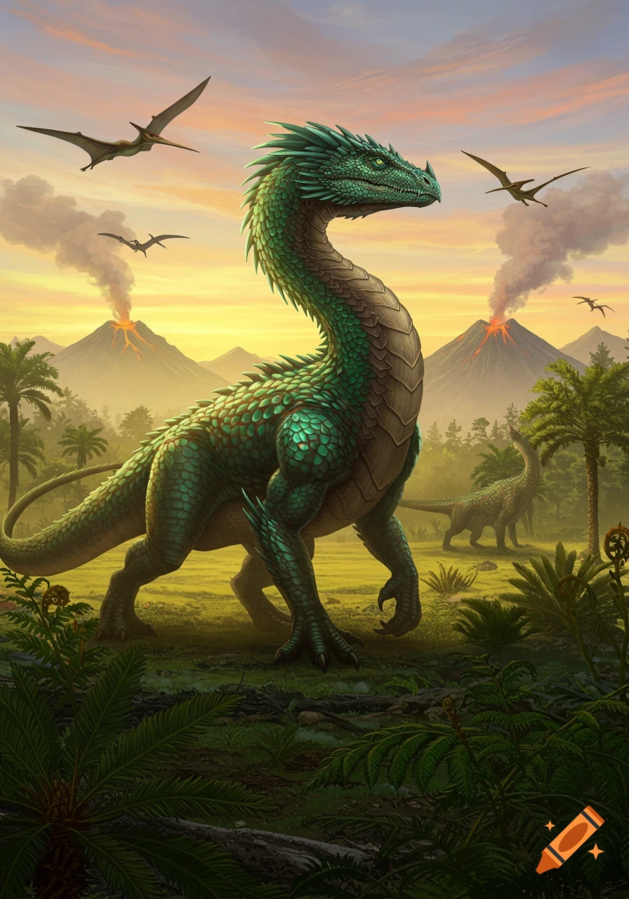A green dragon-like creature stands in a prehistoric landscape with erupting volcanoes and flying pterodactyls at sunset.