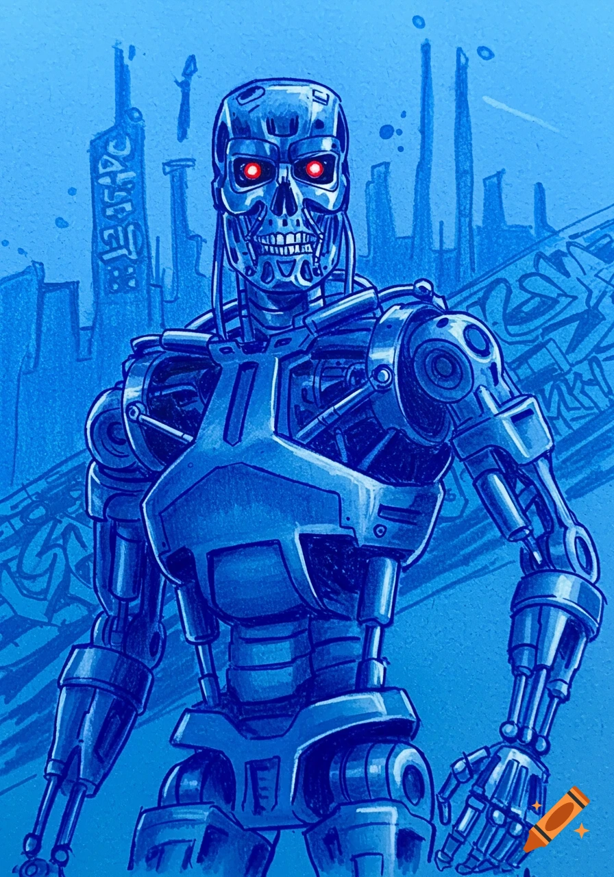 A blue crayon illustration of a Terminator robot with glowing red eyes standing against a blue futuristic city background.