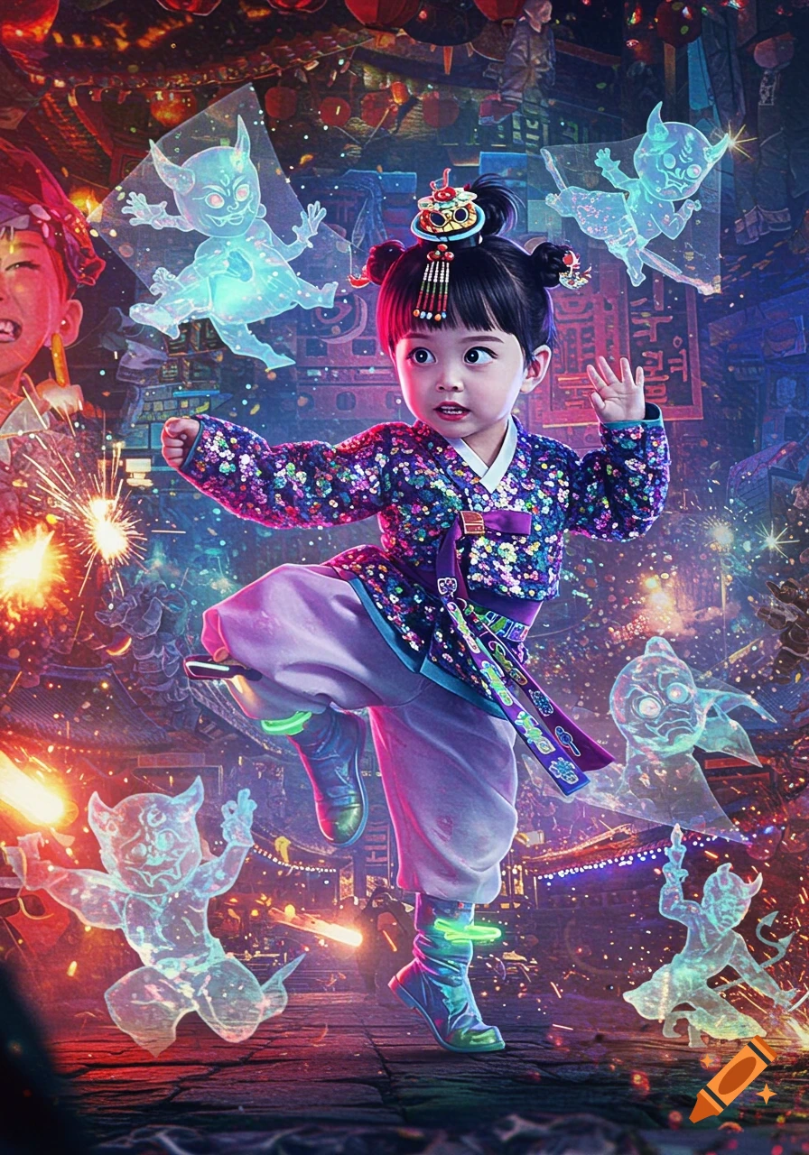 A stylized image of a young child in a colorful traditional outfit, posing mid-air, surrounded by glowing, cartoonish demon figures and sparklers in a vibrant, neon-lit city street.