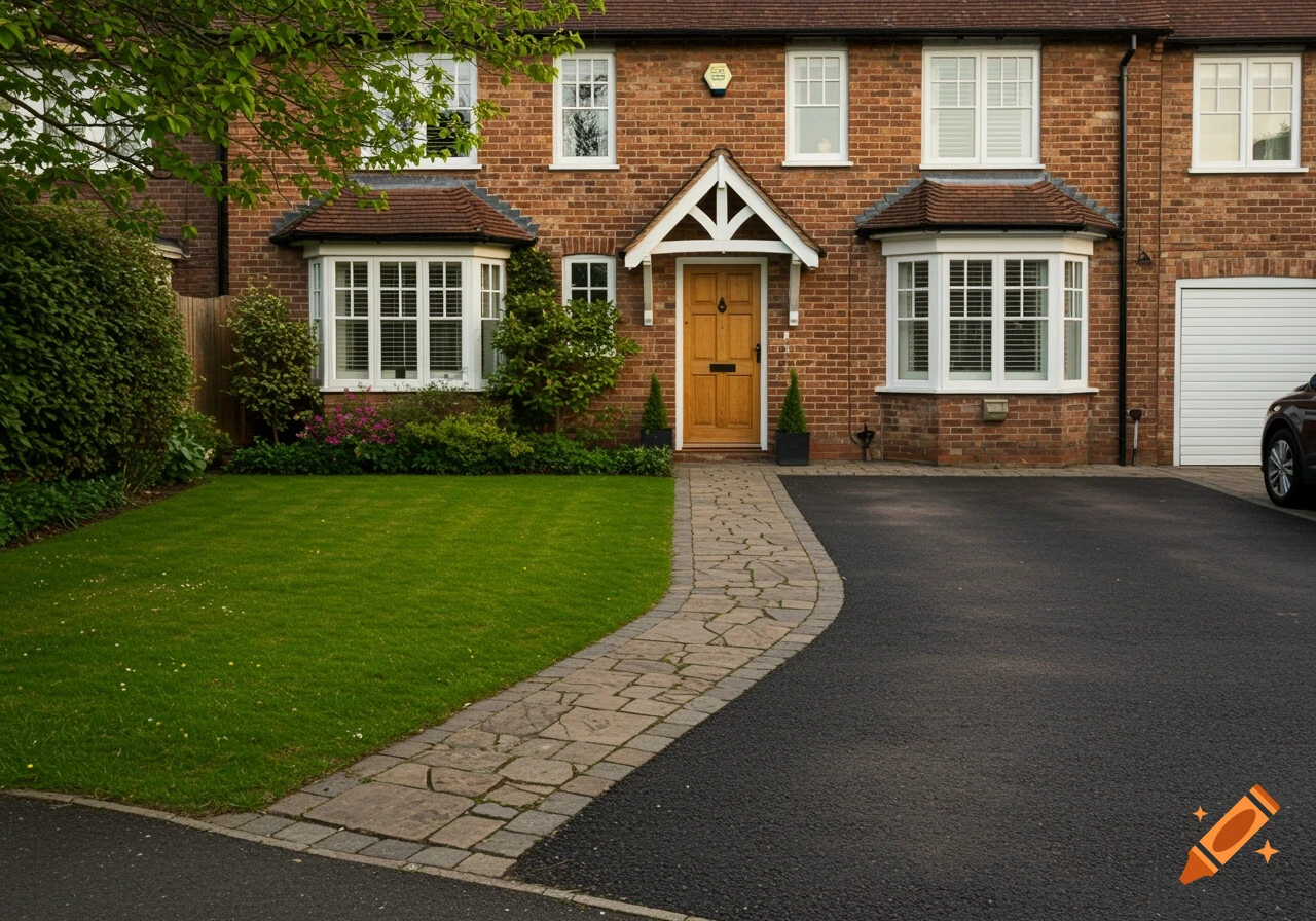 A UK-style brick house with white windows and a wooden front door, a green lawn, and a paved path leading to a tarmac driveway with a car partially visible.