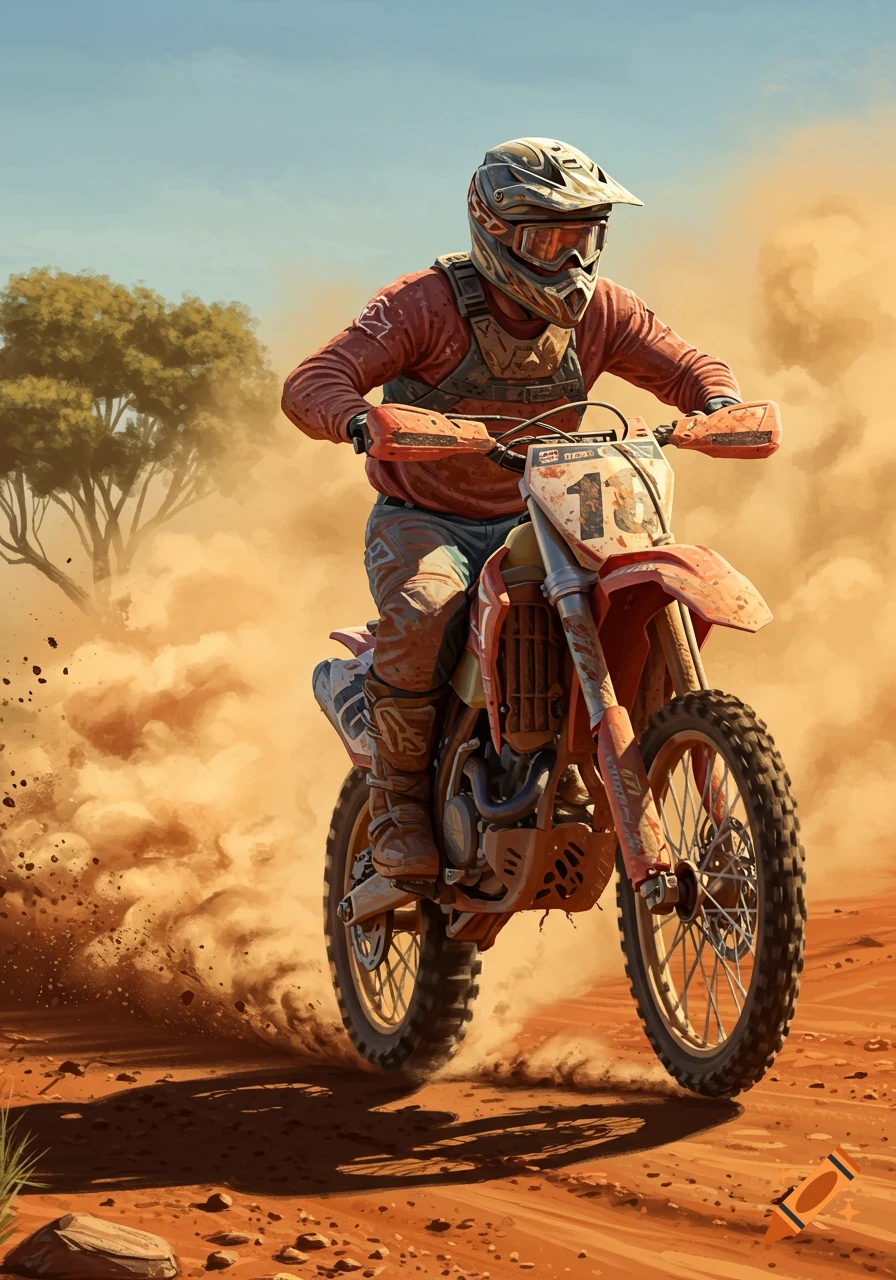 A dirtbike rider in a red shirt and helmet kicks up dust while riding through a sunny, arid landscape.