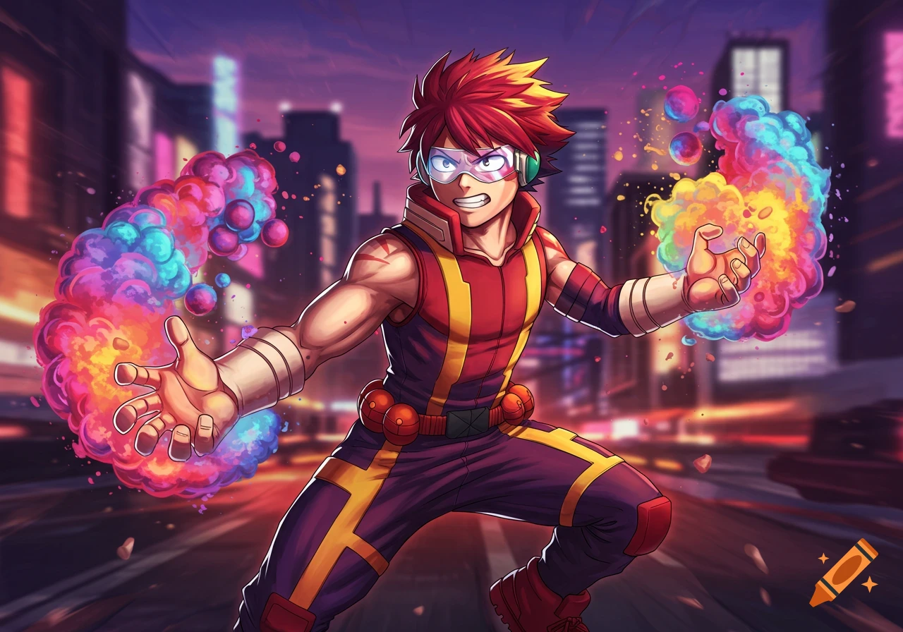 An anime superhero teenager with red and orange hair and goggles, in a sleeveless jumpsuit, emitting colorful energy from his hands in a city at night.