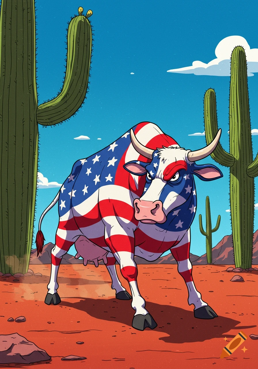A cartoon cow painted with the American flag stands aggressively in a desert with saguaro cacti.
