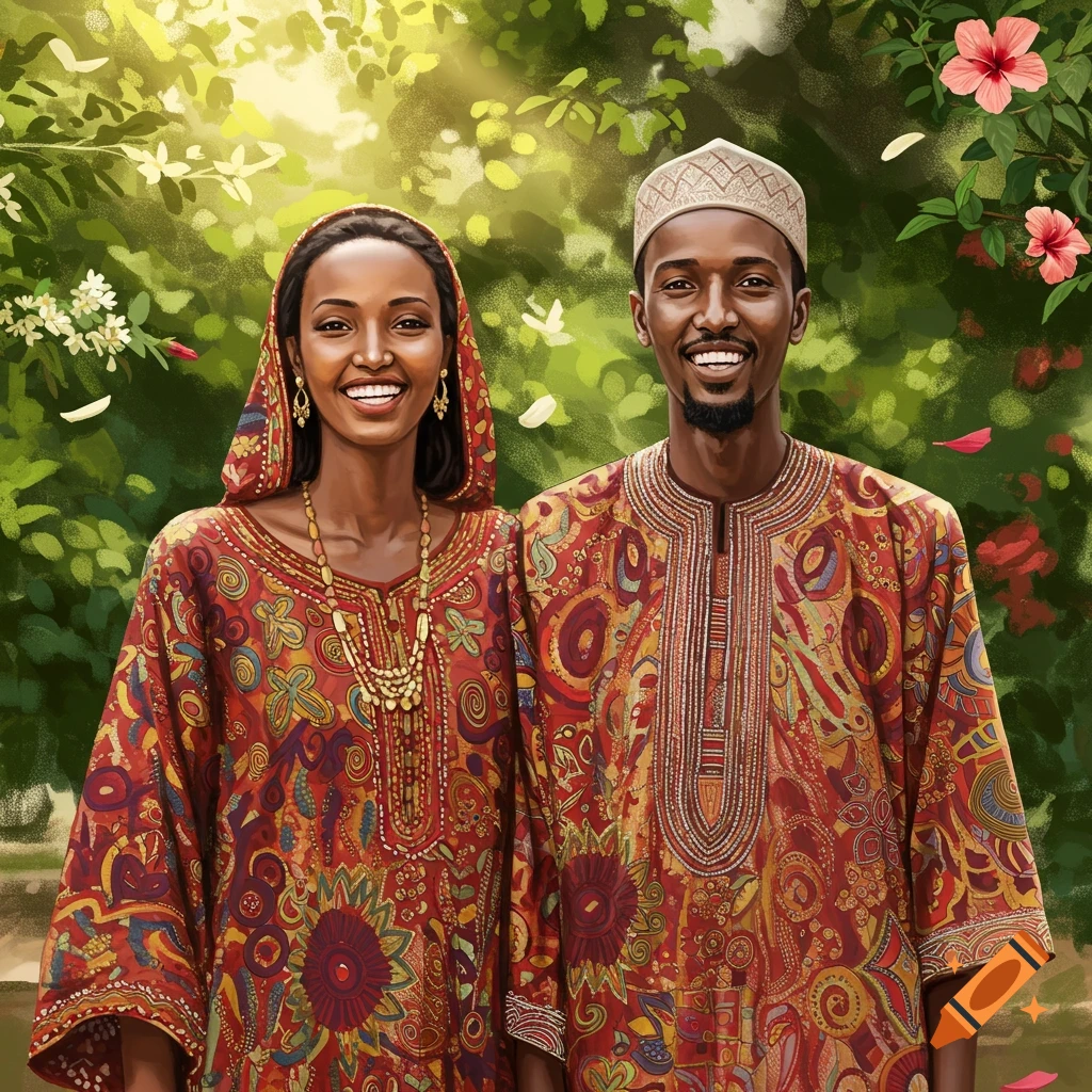 A smiling Somali couple in vibrant traditional clothing stands outdoors against a lush green background.