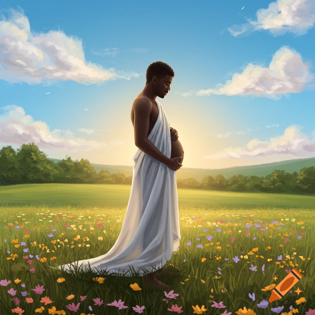 A man with a pregnant belly draped in white cloth stands in a sunny wildflower field under a blue sky.