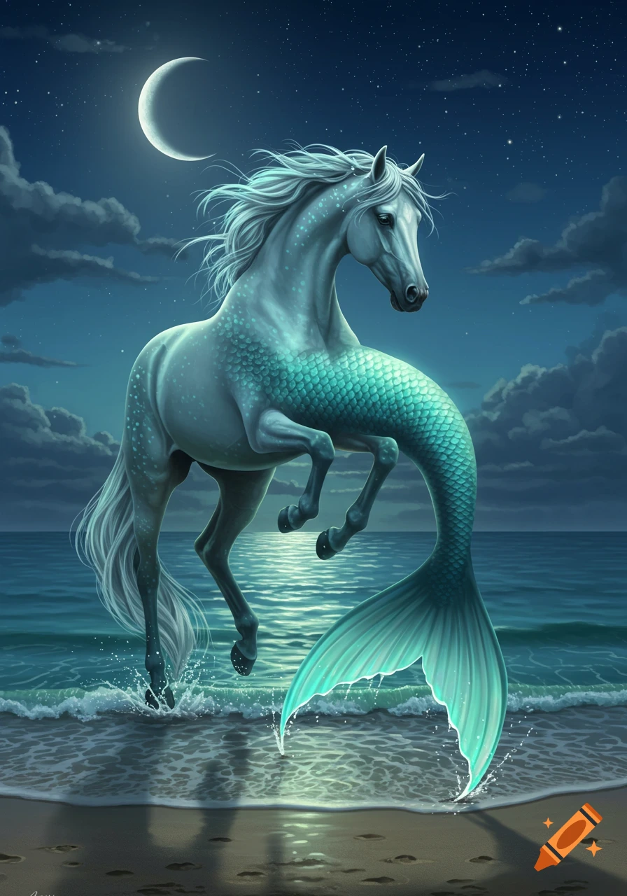 A white merhorse with a teal fish tail rises out of the ocean at night under a crescent moon, with stars in the sky.
