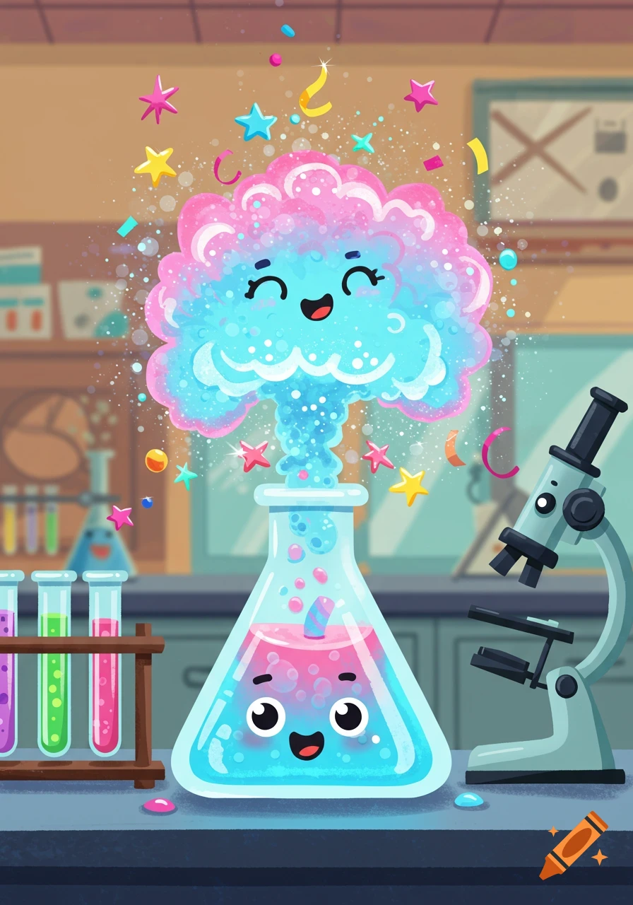 Cartoon beaker with a happy face exploding with colorful pink and blue fluff and confetti in a science lab.
