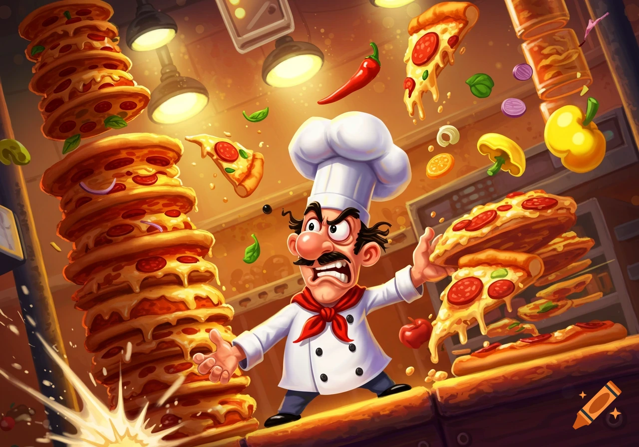 Cartoon chef Peppino Spaghetti surrounded by falling pizzas and ingredients in a chaotic kitchen, in a vibrant, stylized art style.