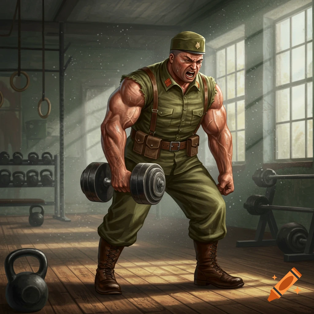 A muscular soldier in a green uniform grunts while lifting a dumbbell in a gym.