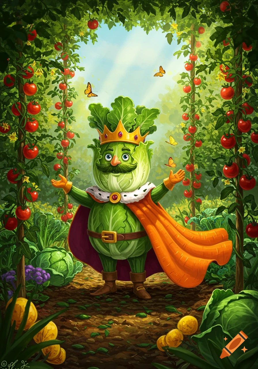 A cartoon cabbage king with a mustache, wearing a crown and orange cape, stands in a lush garden with tomato vines and butterflies.