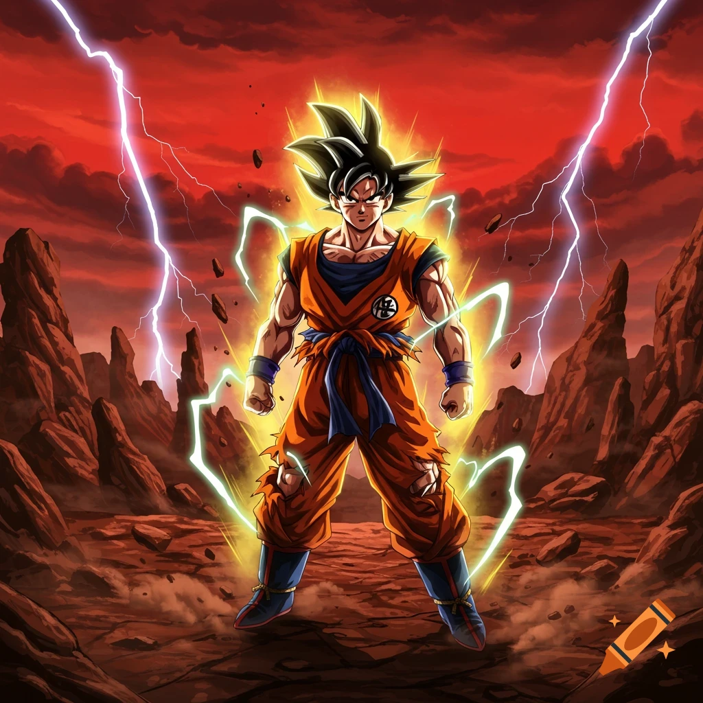 Goku powers up with a golden aura and lightning strikes in a desolate red landscape.