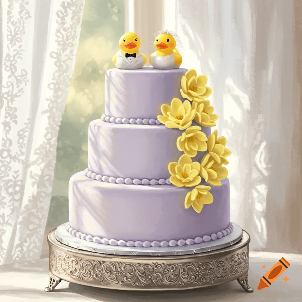 A three-tiered lavender wedding cake with yellow flowers and rubber ducky bride and groom toppers on a silver stand.
