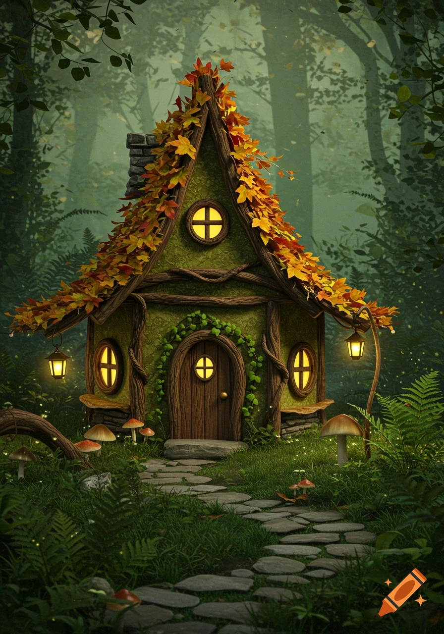 A whimsical fairy house with a leaf-covered roof and glowing windows sits on a stone path in a magical, lush forest.