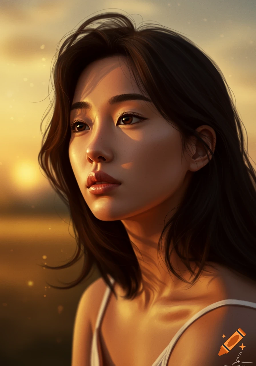 A close-up digital portrait of a young woman with long dark hair, bathed in golden light from a sunset, looking thoughtfully into the distance.