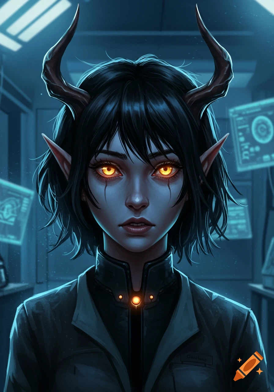 A close-up portrait of a blue-skinned woman with short dark hair, glowing golden eyes, elf ears, and horns, wearing a futuristic uniform in a sci-fi lab.
