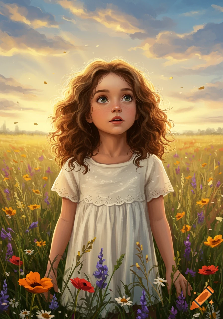 A young girl with curly brown hair and a white dress stands in a field of colorful wildflowers, looking up at a bright, cloudy sky with sun rays.
