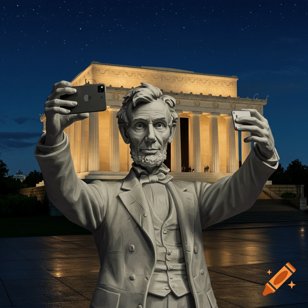 Abraham Lincoln statue holding two smartphones to take a selfie in front of the illuminated Lincoln Memorial at night.