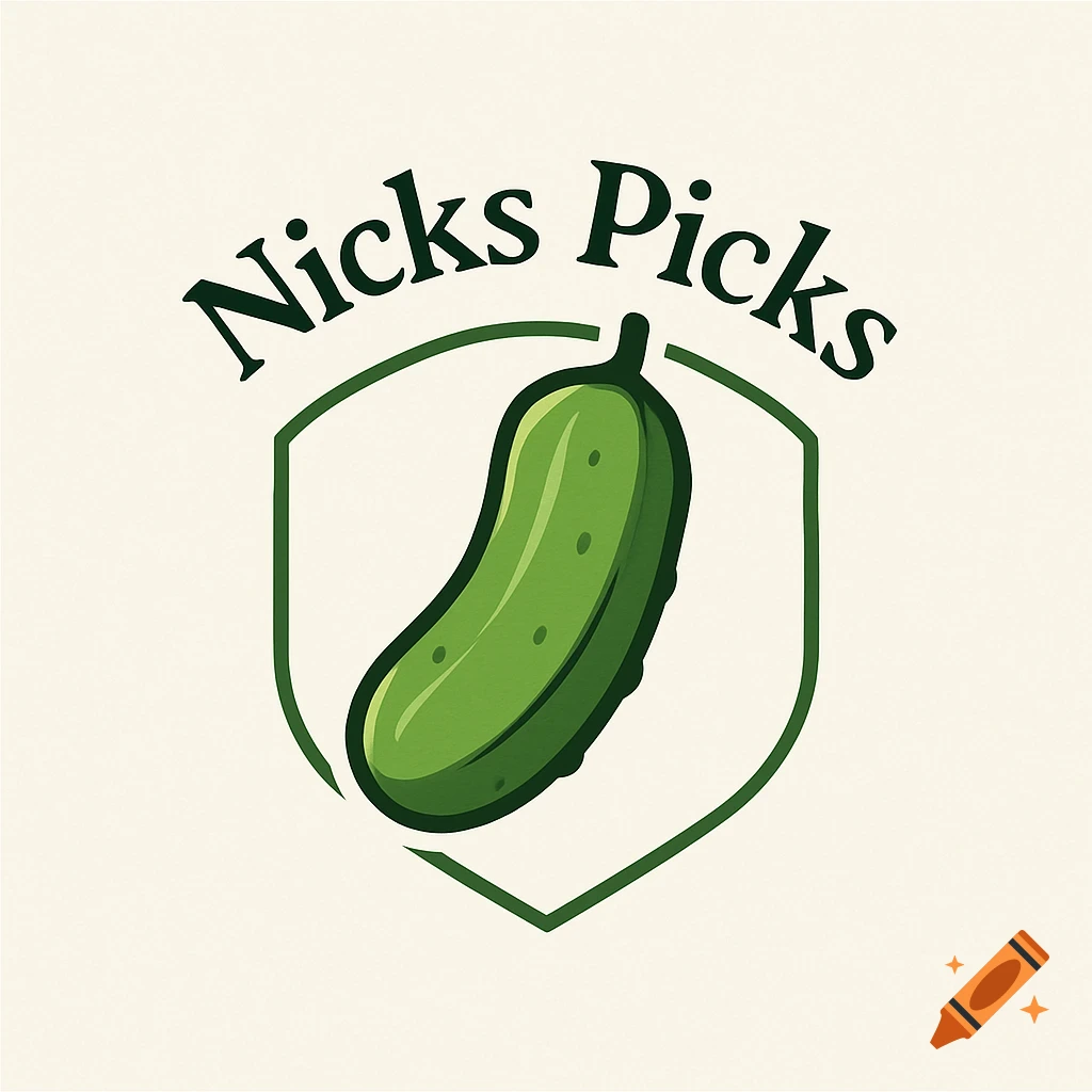 Green pickle logo with the words Nicks Picks inside a shield shape on a cream background.
