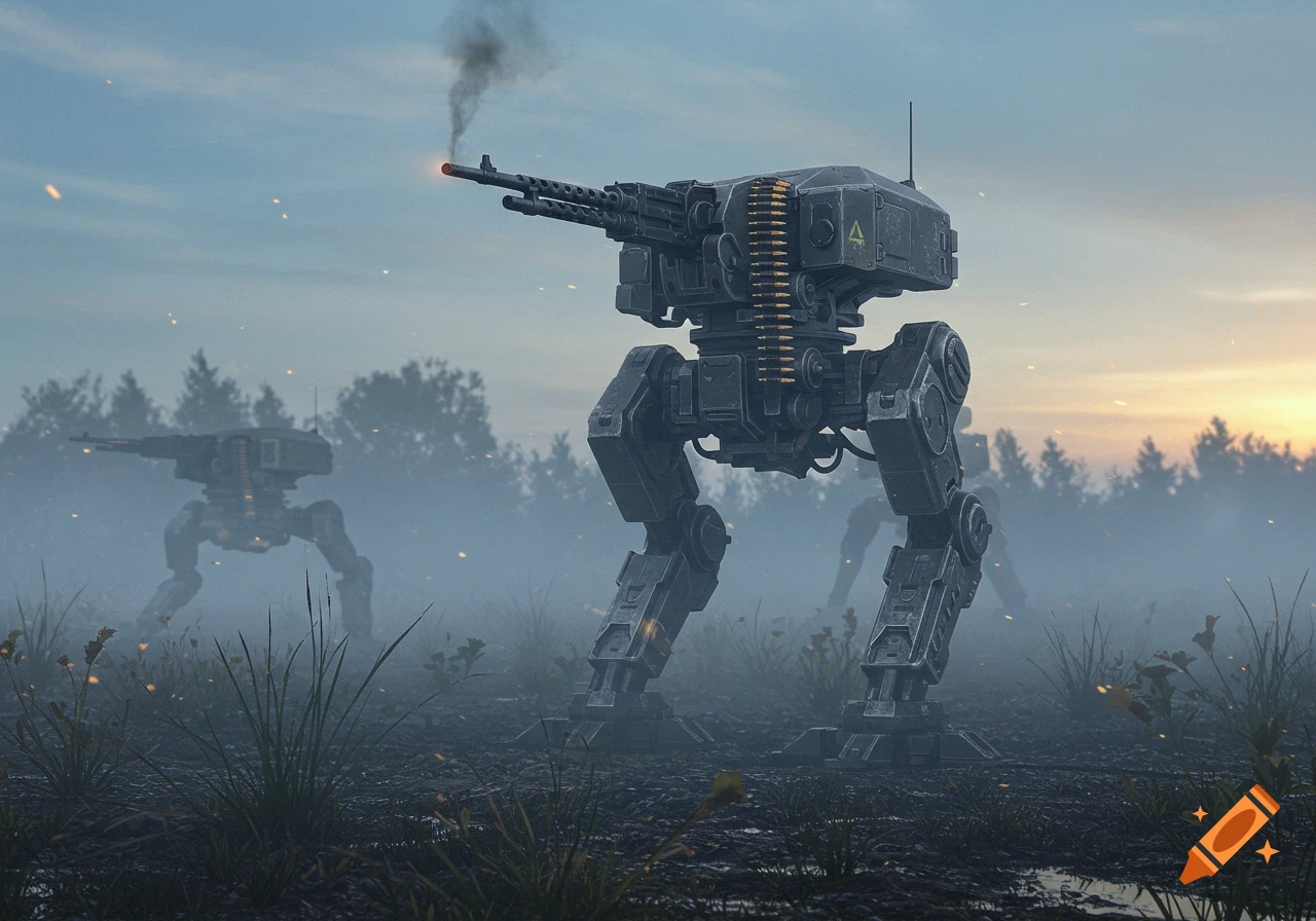 A large, photorealistic military walker robot with a smoking machine gun stands in a misty landscape with other walkers at sunset.