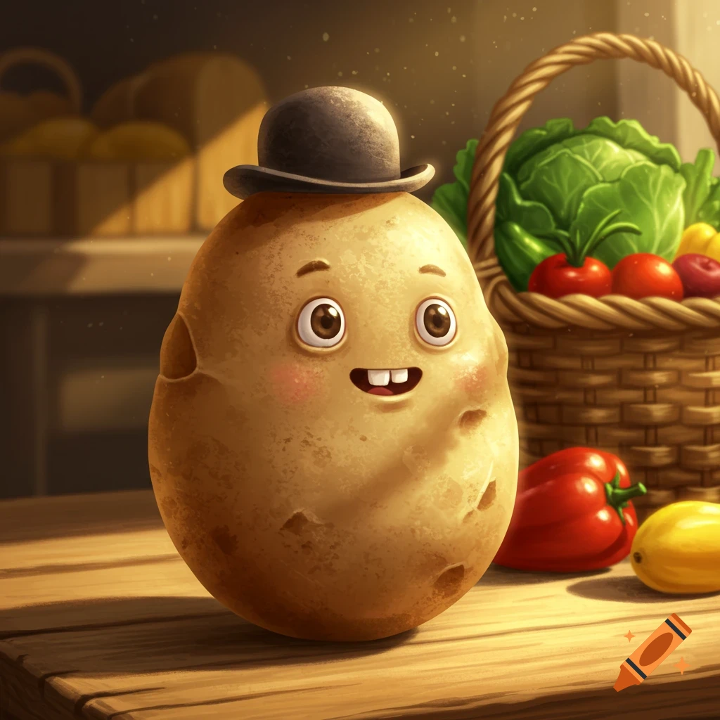 A happy, cartoon potato wearing a bowler hat sits on a wooden table next to a basket of vegetables.